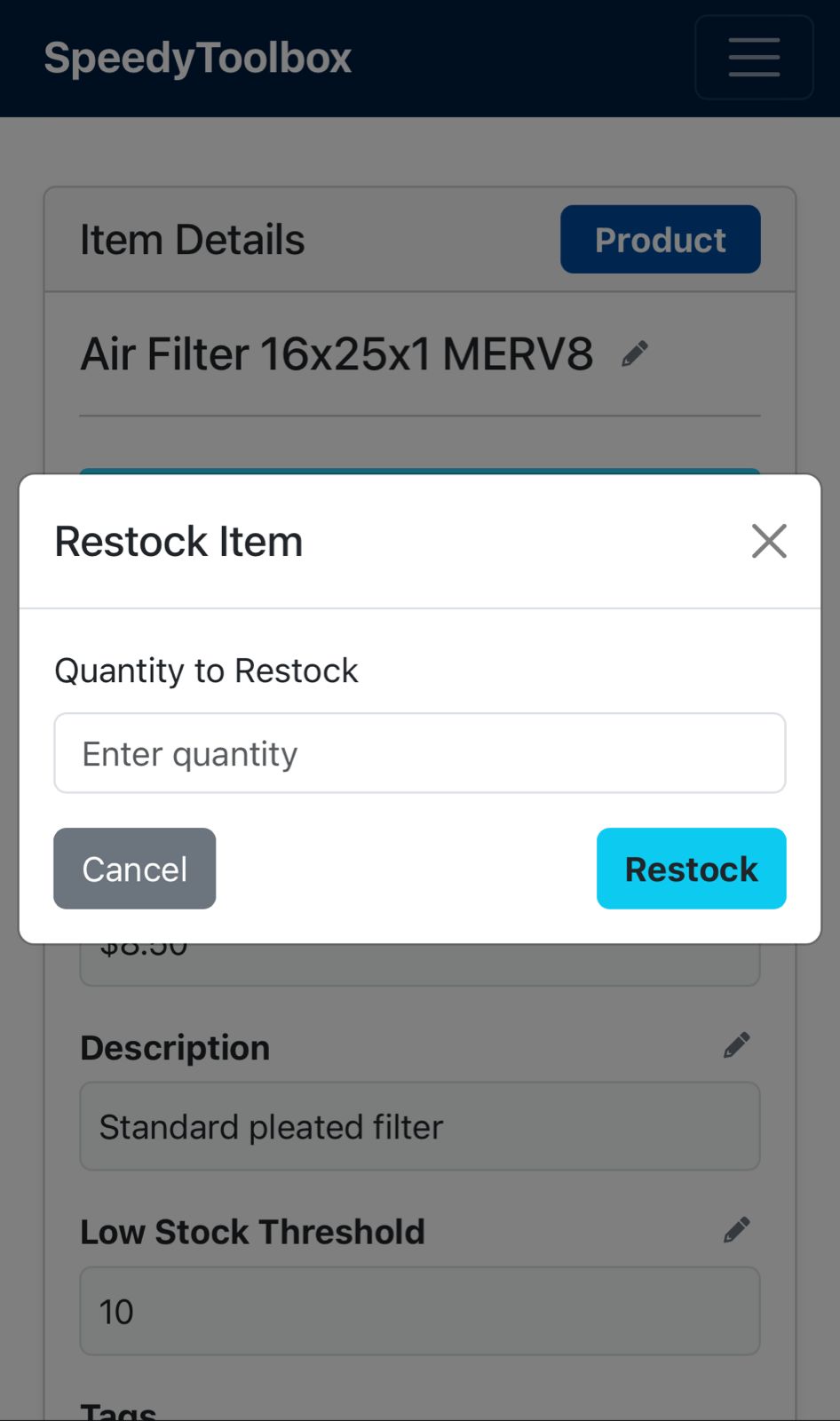 SpeedyToolbox Mobile App interface showing job details accessible in the field