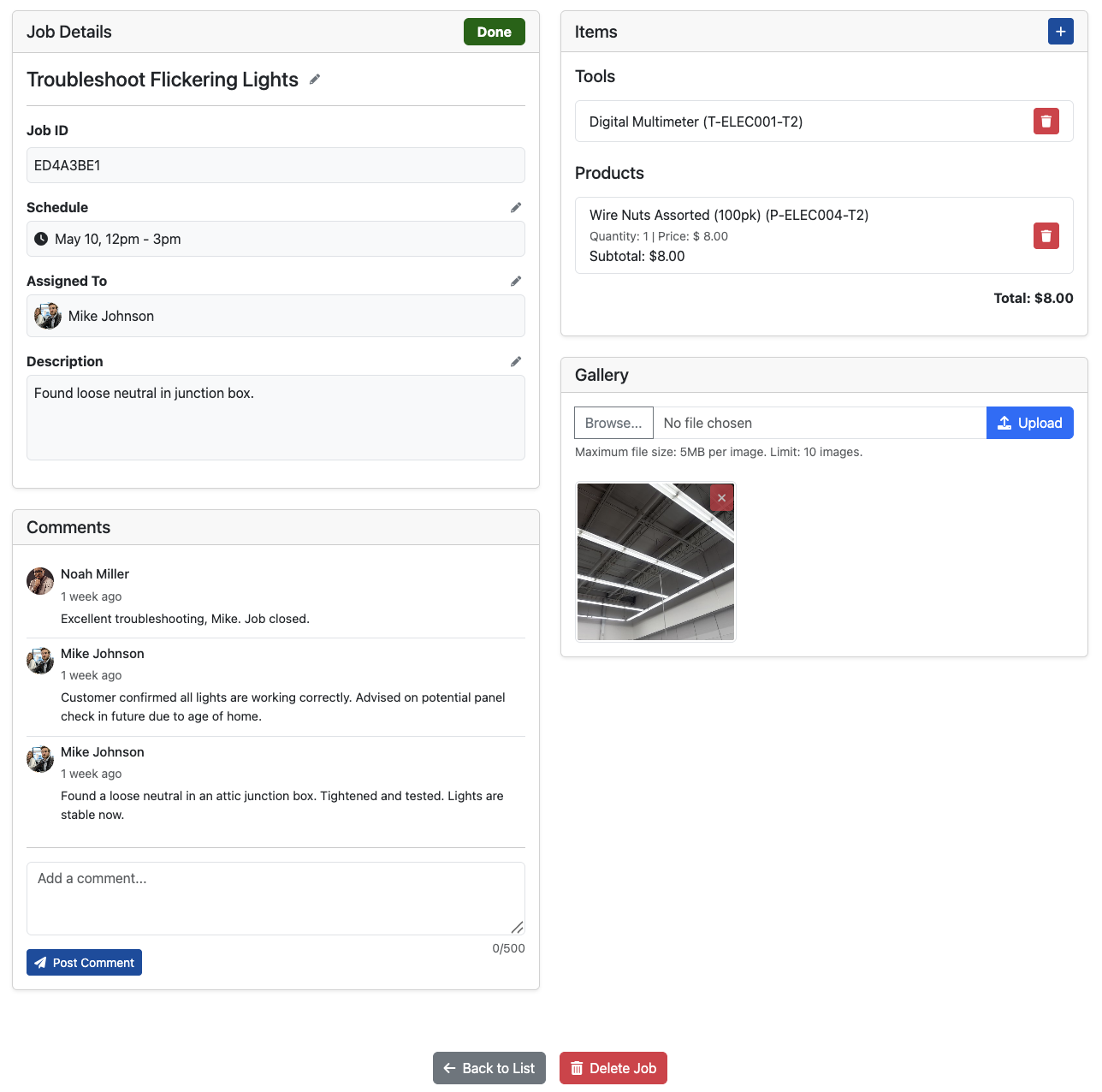 Electrical Service Management Software - Job Details with Photo Upload and Commenting options