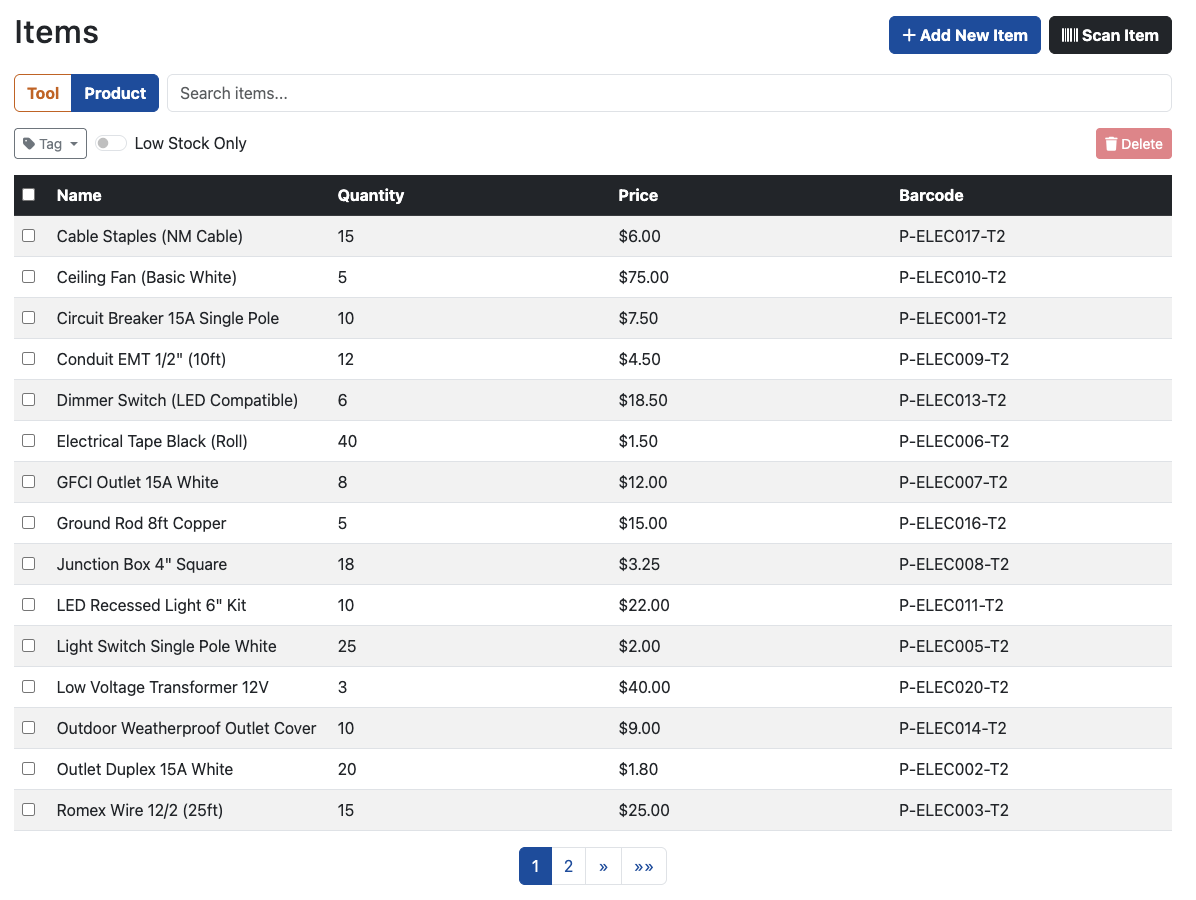 Electrical Product Inventory Software - Product List View with Low Stock Indicators
