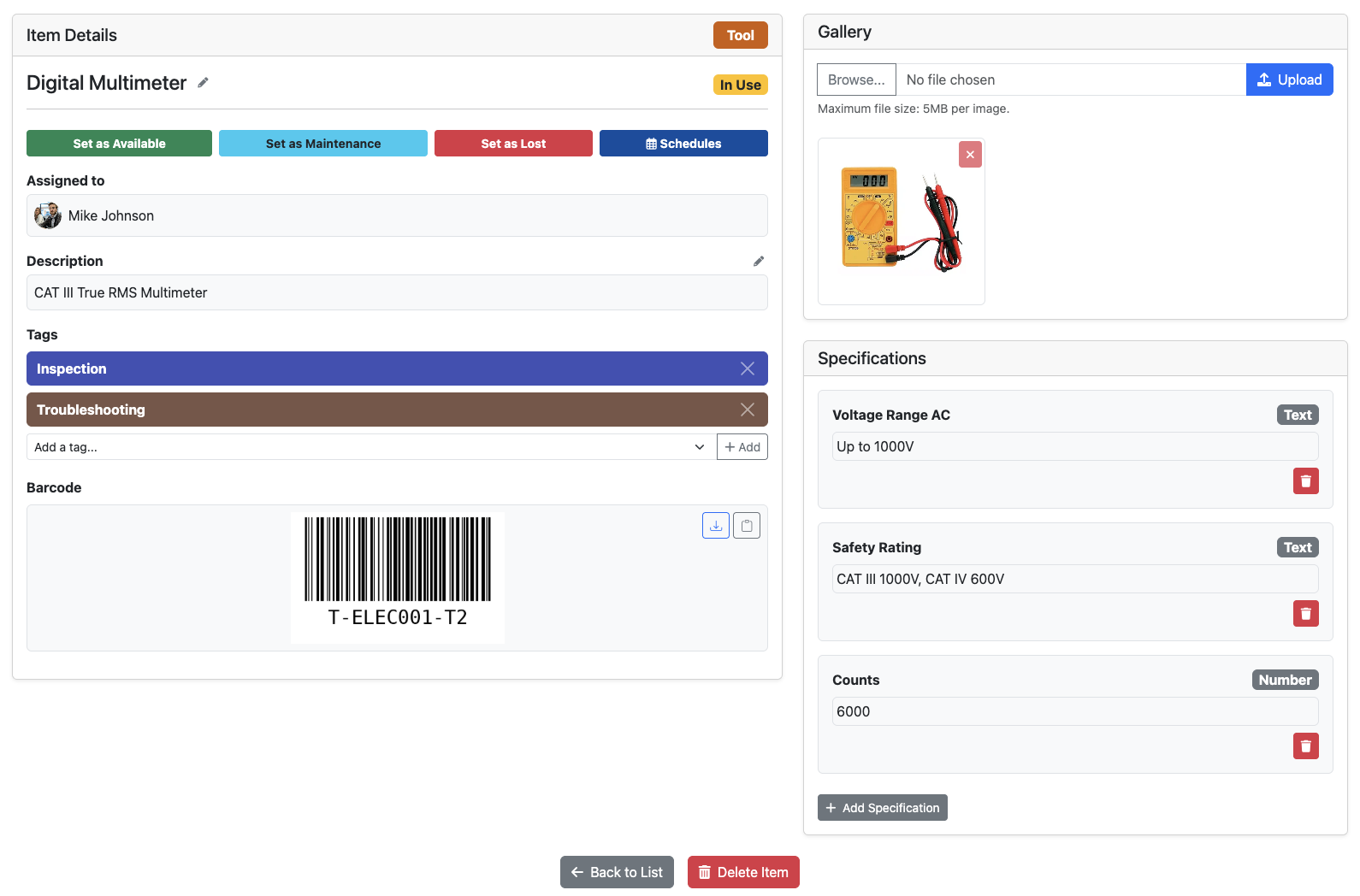 Electrical Equipment Management Software - Tool Details View with Photo Gallery option