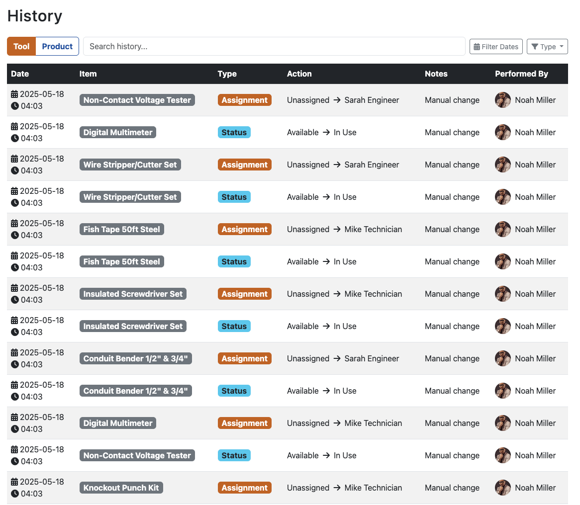 Electrical Tool Management Software - History View including photo gallery access and calibration logs