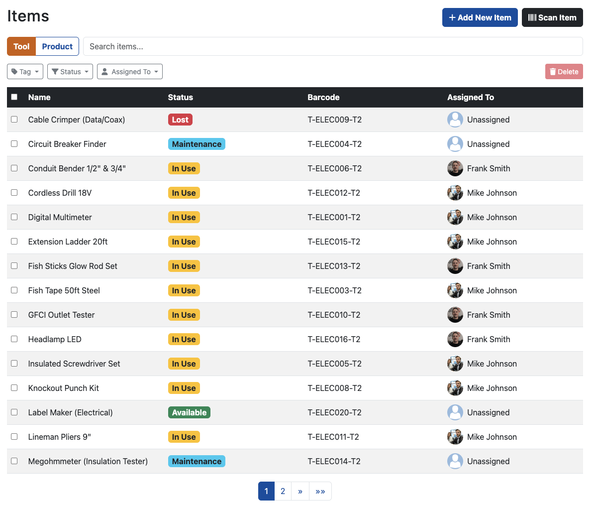 Electrical Tool Tracking Software - List View in SpeedyToolbox