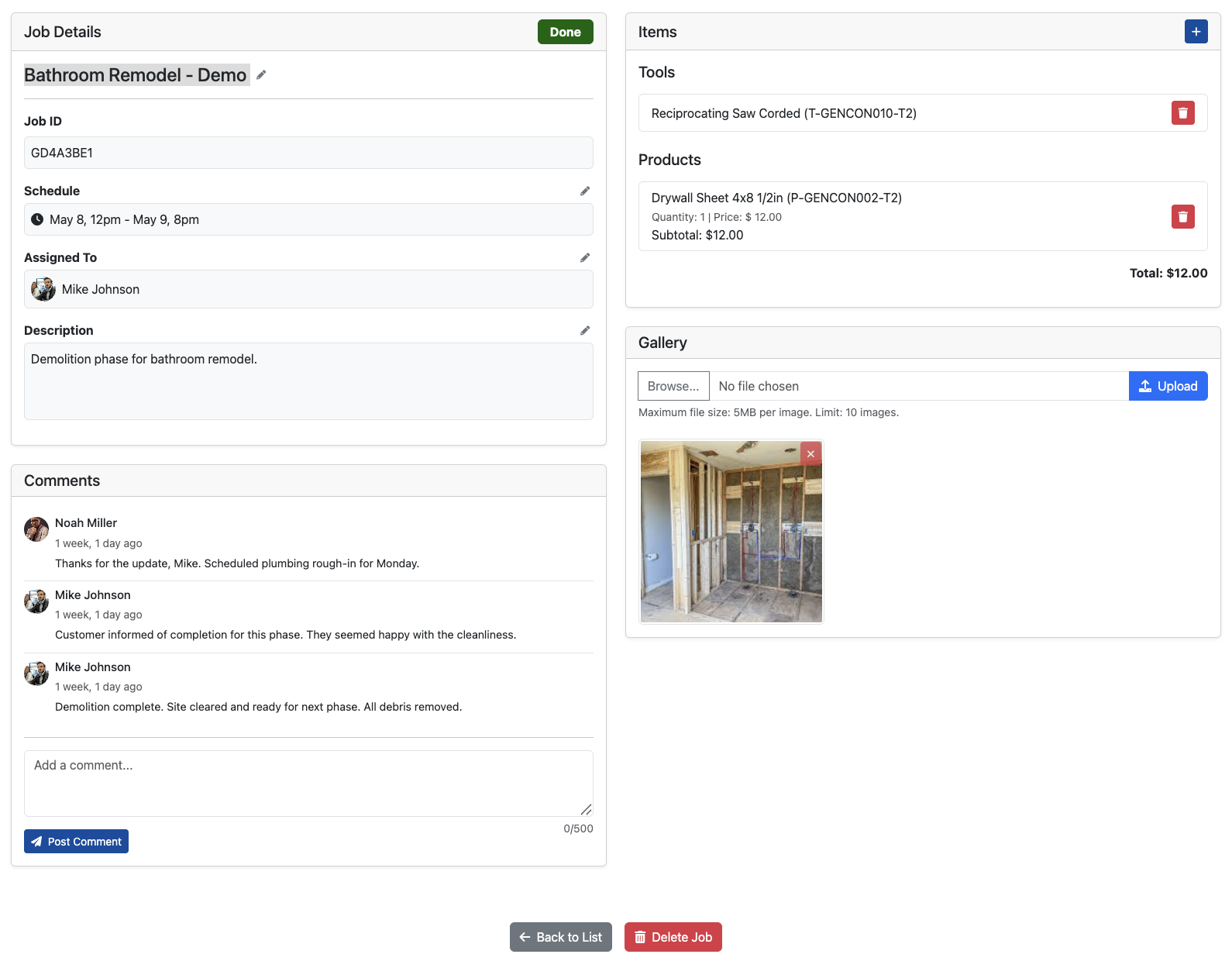 SpeedyToolbox Job Management Software Interface showing job details screen