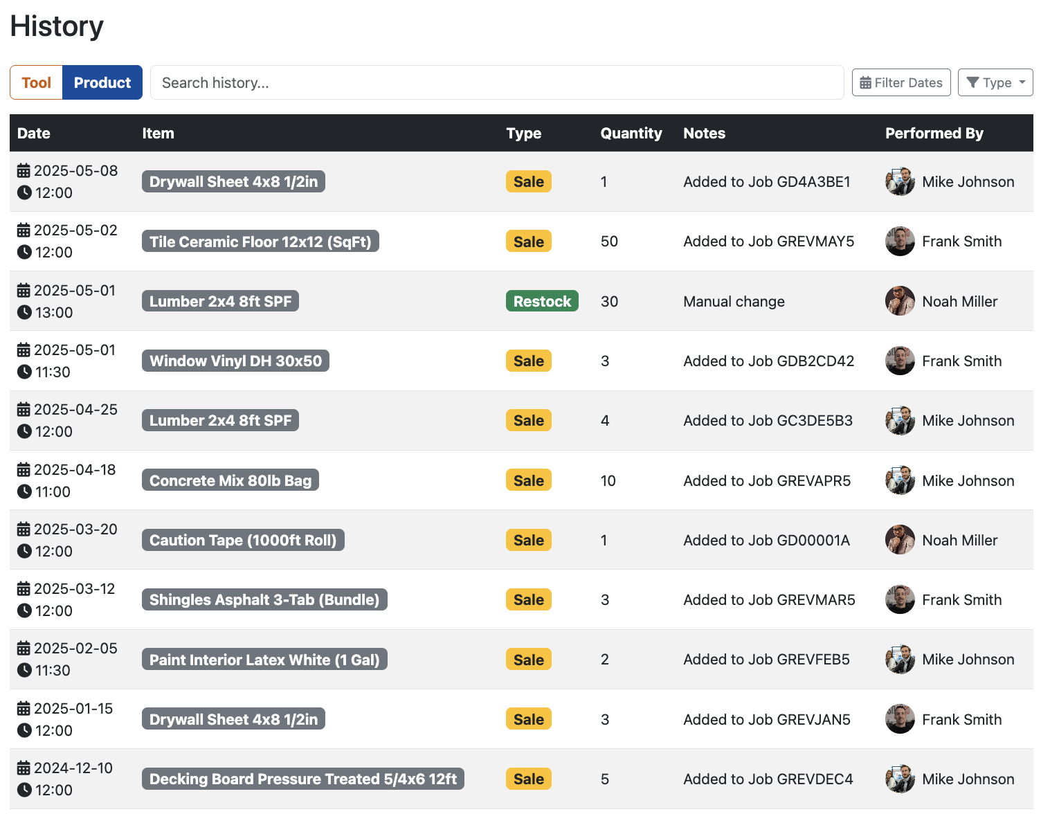 Construction Material Inventory Software - Stock & Allocation History with photo gallery access