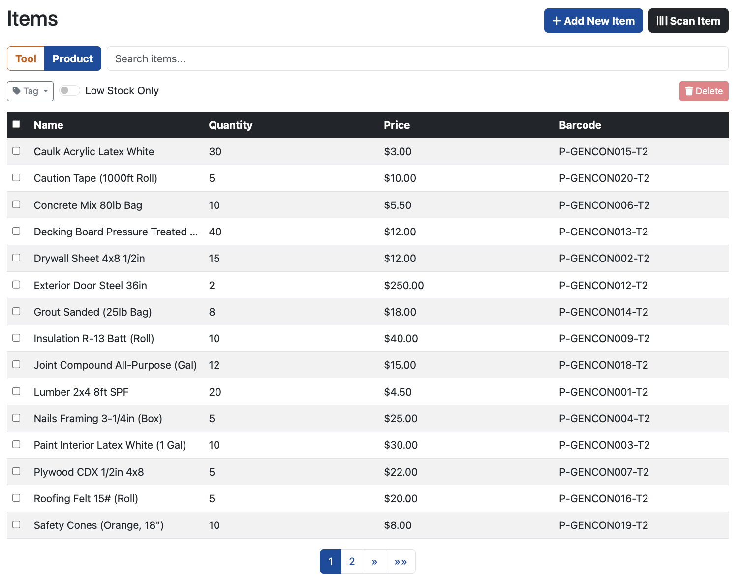 Construction Material Inventory Software - Material List View with Low Stock Indicators
