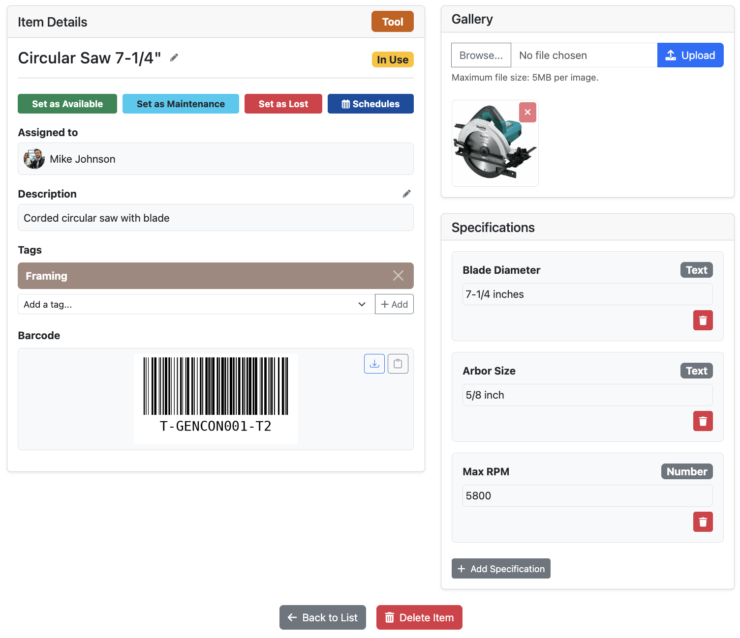 Construction Equipment Management Software - Tool Details View with Photo Gallery option for General Contractors