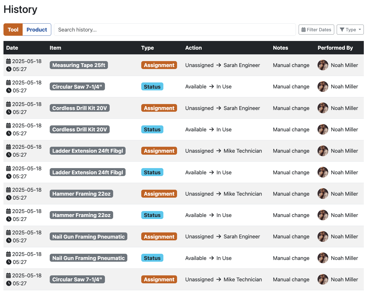 Construction Tool Management Software - History View including photo gallery access and assignment logs
