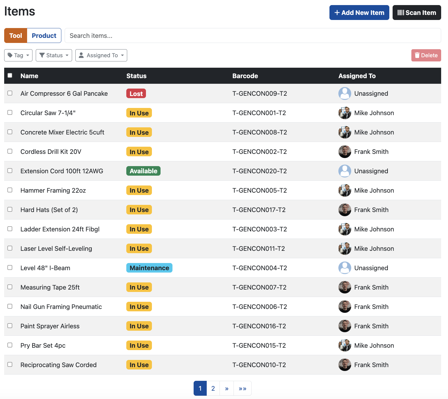 Construction Tool Tracking Software - List View in SpeedyToolbox for General Contractors
