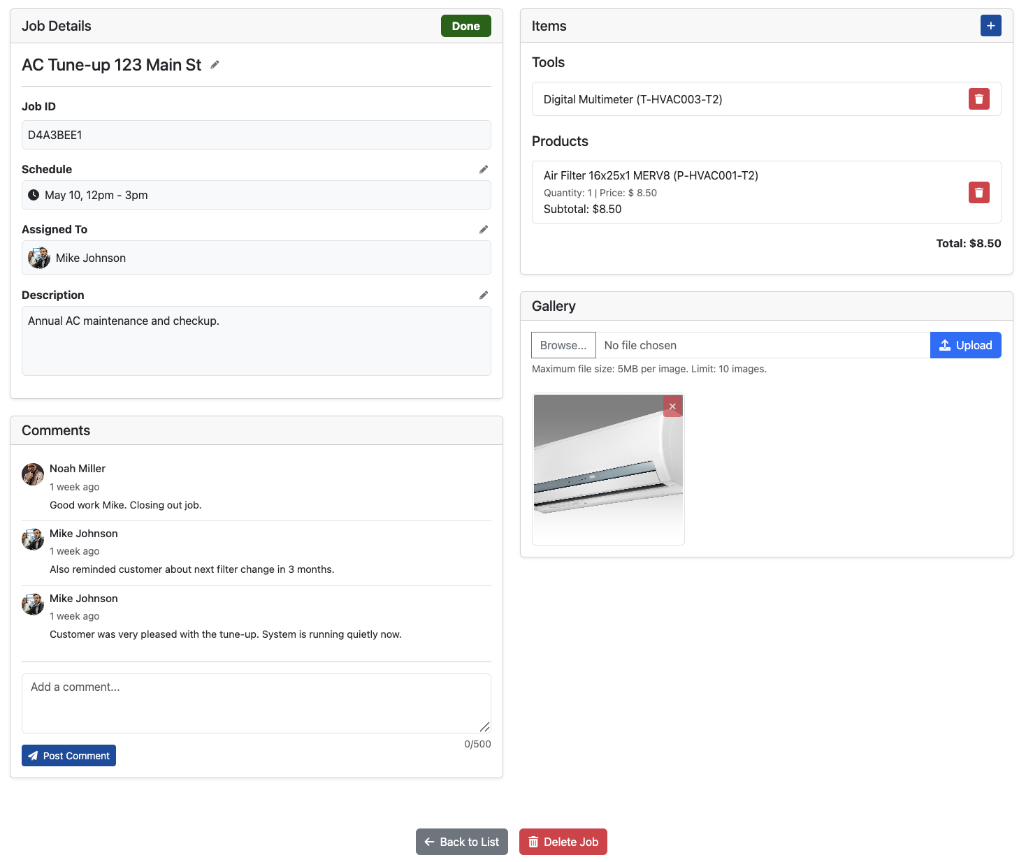 HVAC Service Management Software - Job Details with Photo Upload and Commenting options