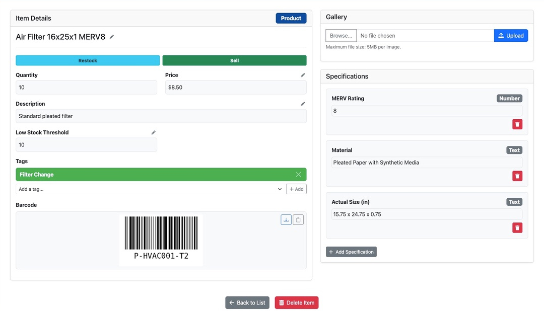 HVAC Consumables Management Software - Product Details with Photo Gallery