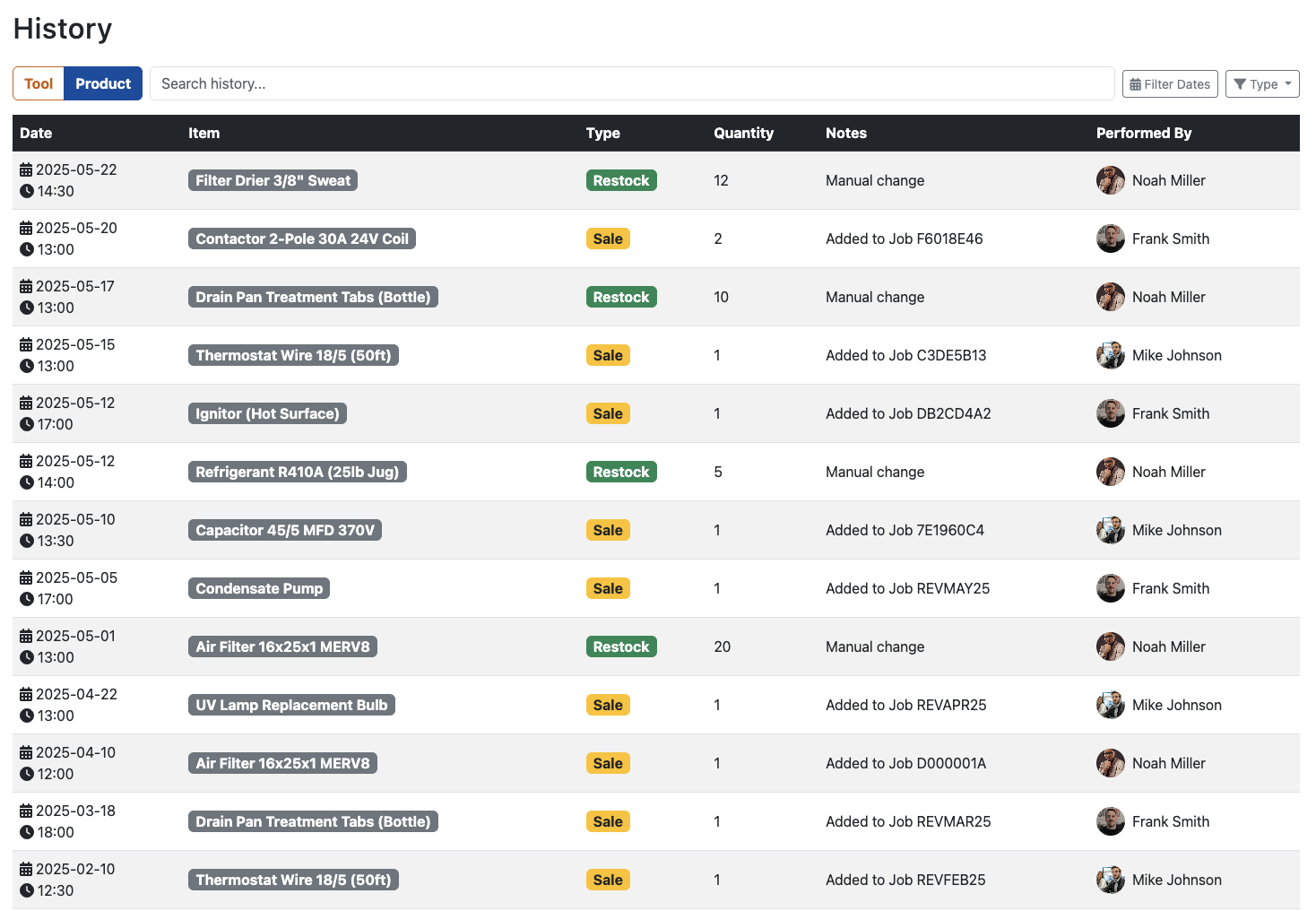 HVAC Product Inventory Software - Stock History with access to product photo galleries