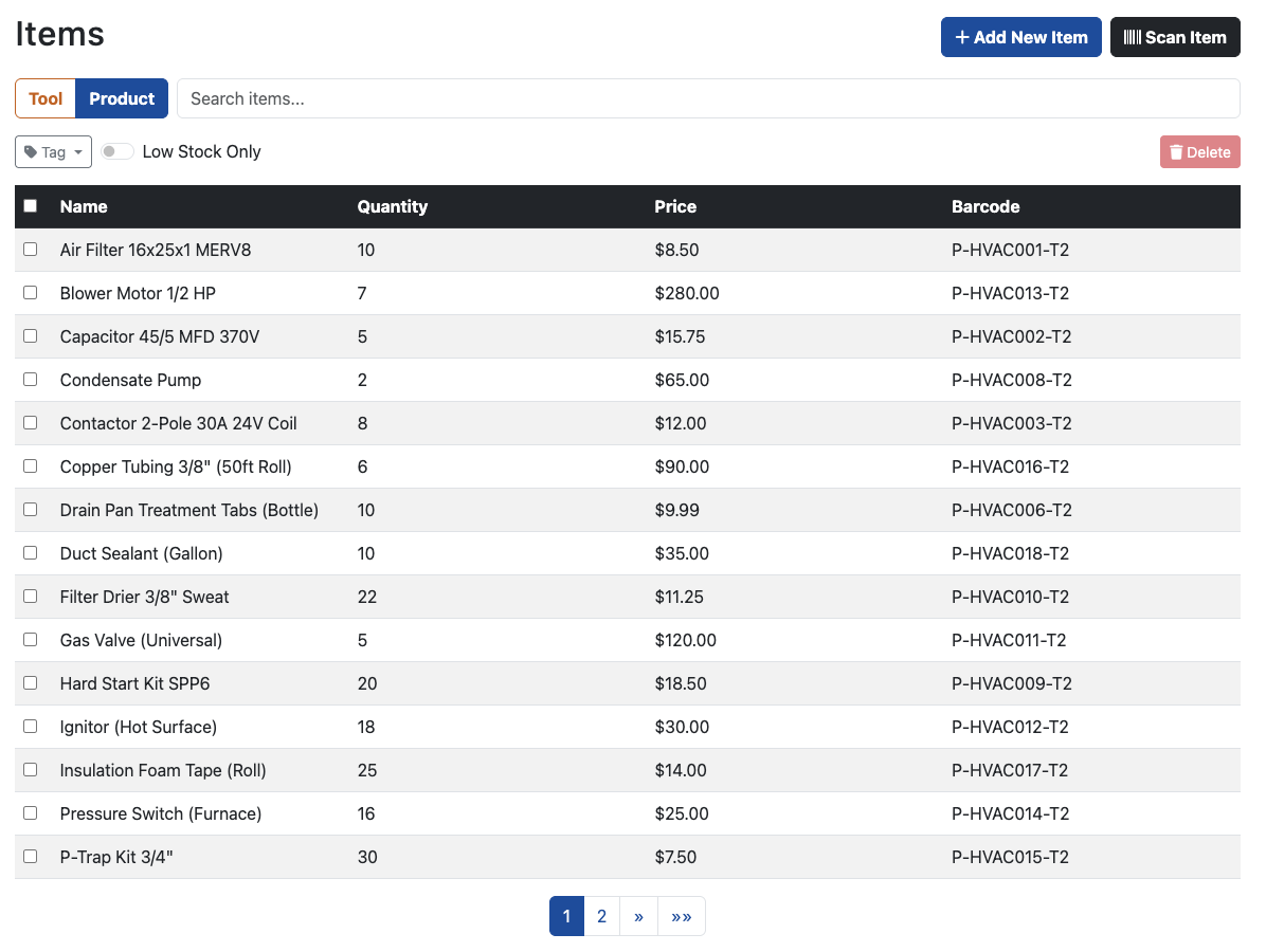 SpeedyToolbox Inventory Management Software showing product list with stock levels and details
