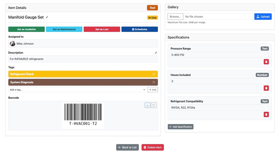 HVAC Equipment Management Software - Tool Details View with Photo Gallery option