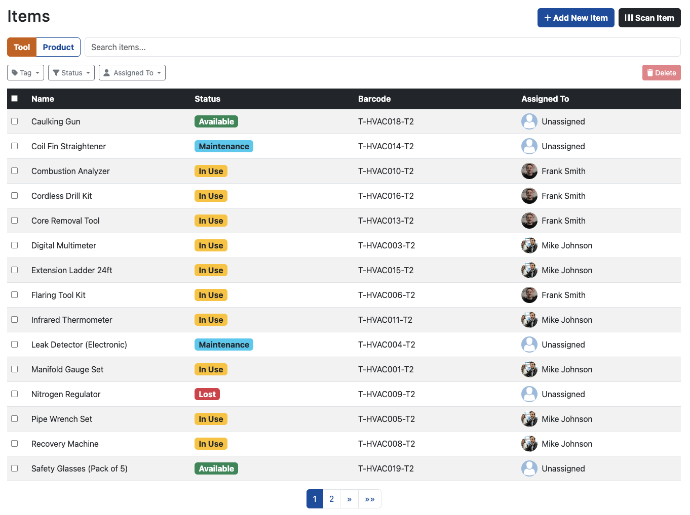 SpeedyToolbox Tool List view showing tool status, assignments, and filtering options