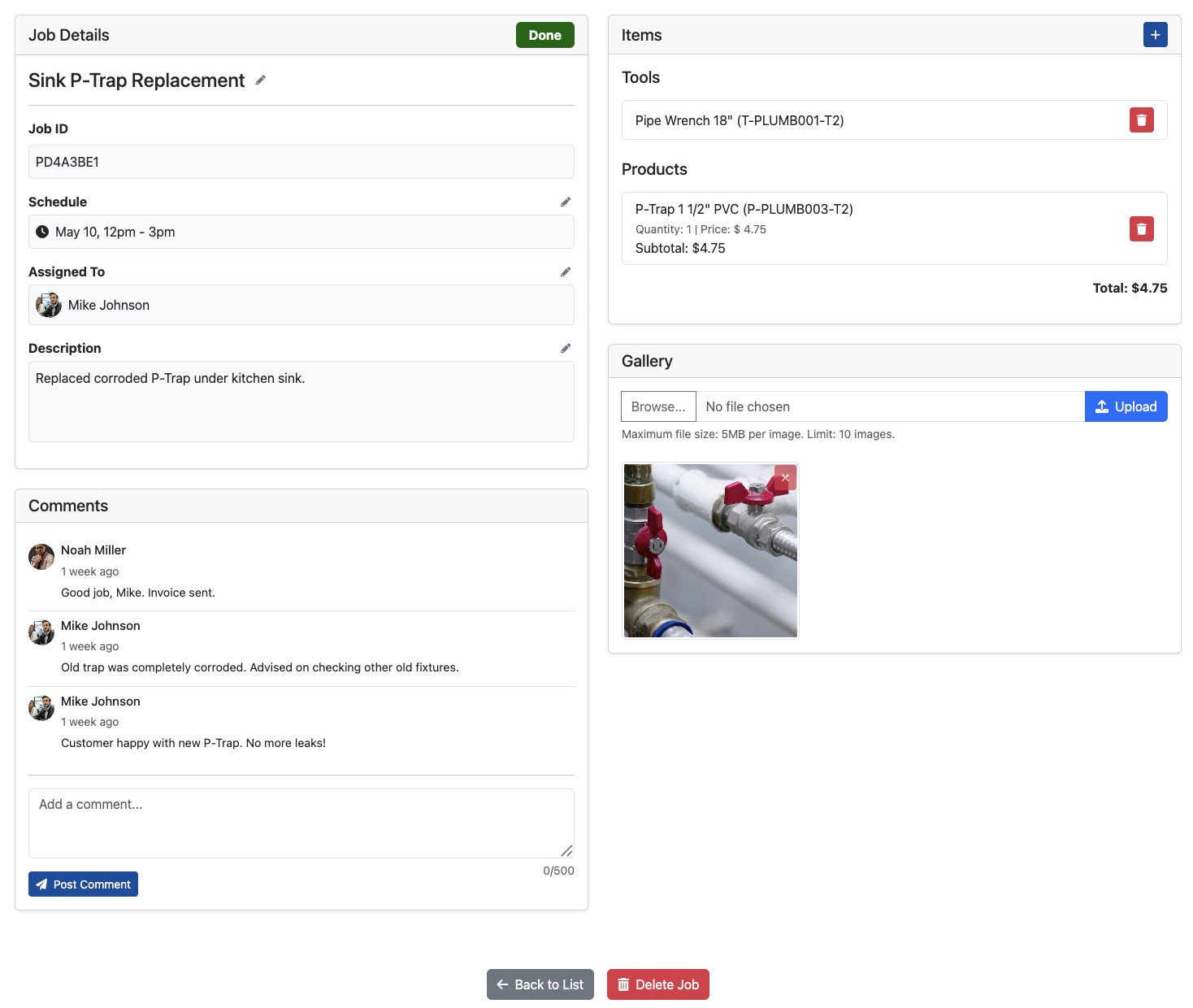 Plumbing Service Management Software - Job Details with Photo Upload and Commenting options
