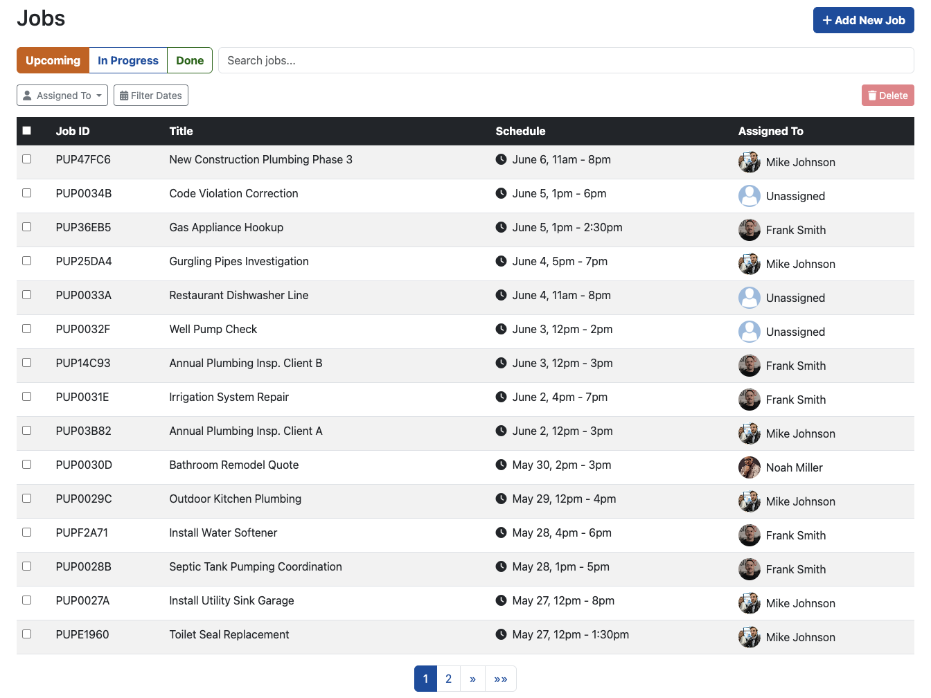 Plumbing Job Scheduling Software - List View