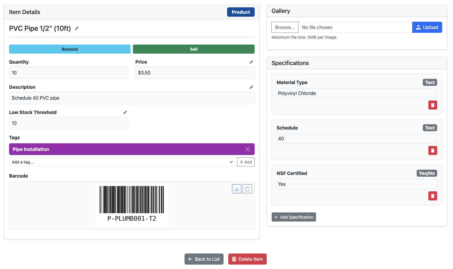 SpeedyToolbox Product Details screen showing specific item information and photo gallery