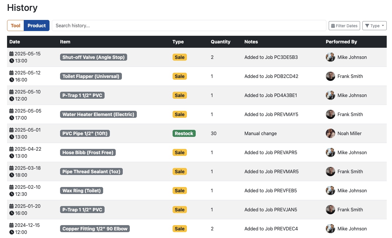 Plumbing Product Inventory Software - Stock History with access to product photo galleries