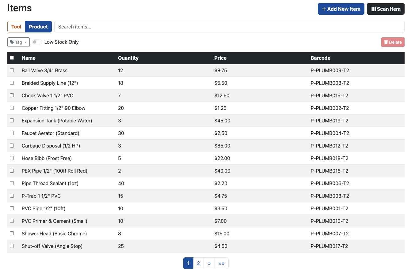 Plumbing Product Inventory Software - Product List View with Low Stock Indicators