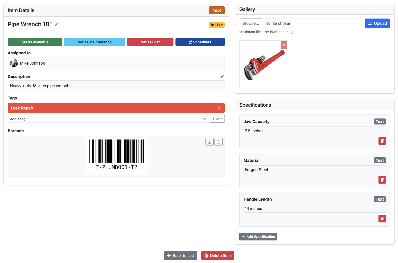 SpeedyToolbox Tool Tracking showing detailed tool information and photo gallery option