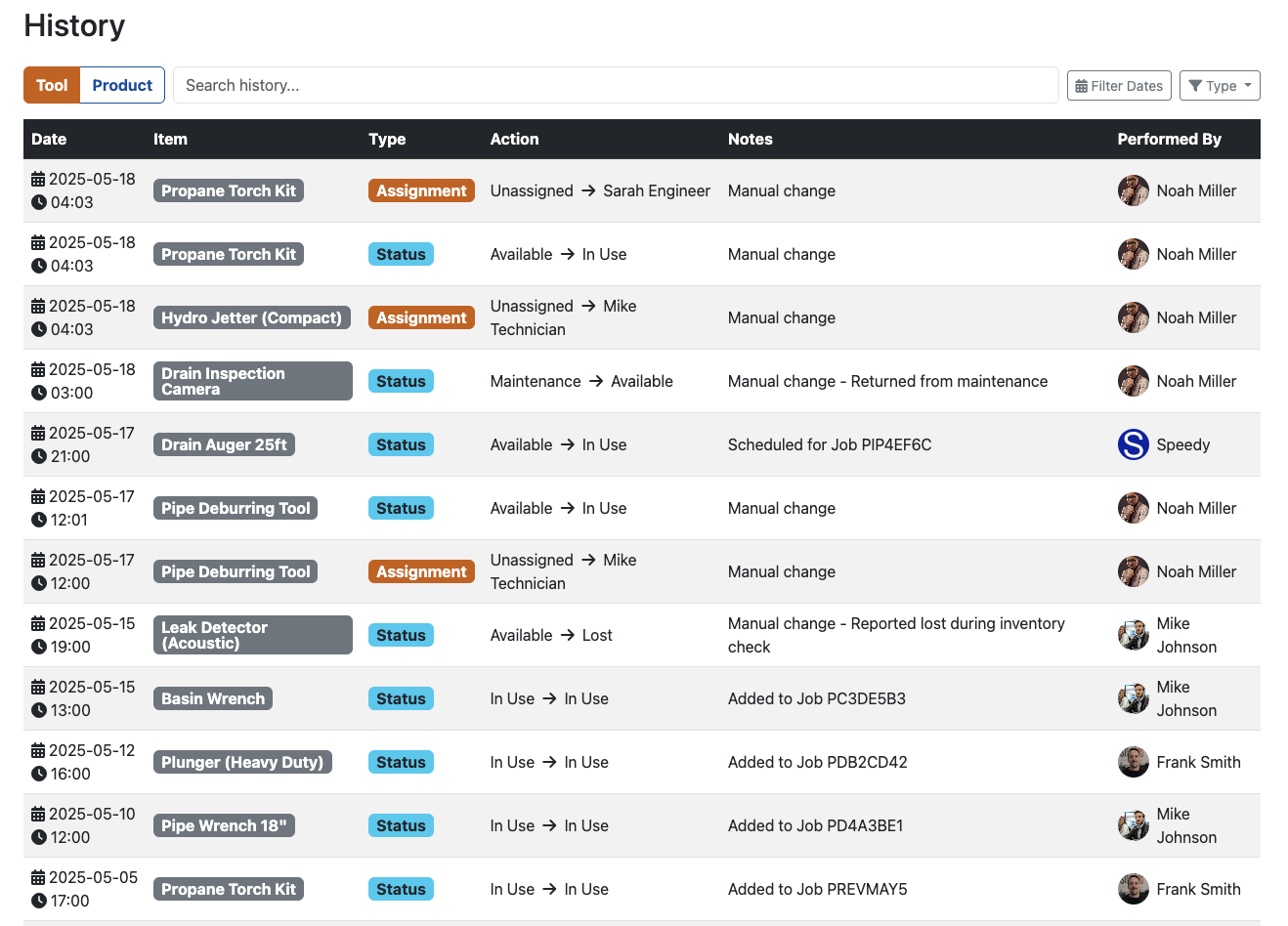 Plumbing Tool Management Software - History View including photo gallery access