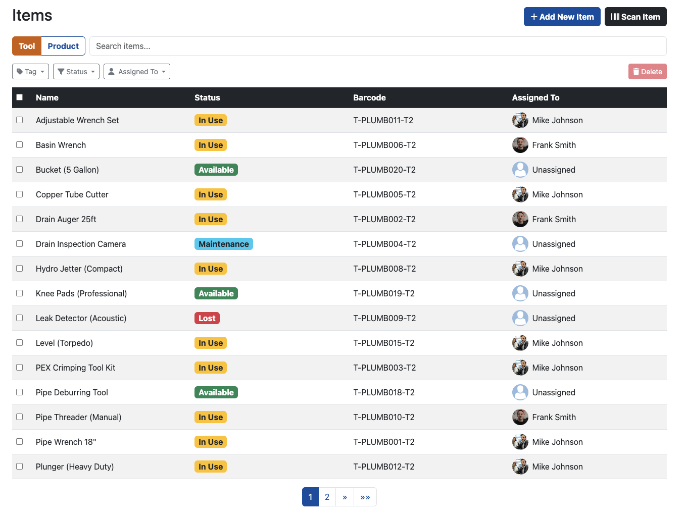 Plumbing Tool Tracking Software - List View in SpeedyToolbox
