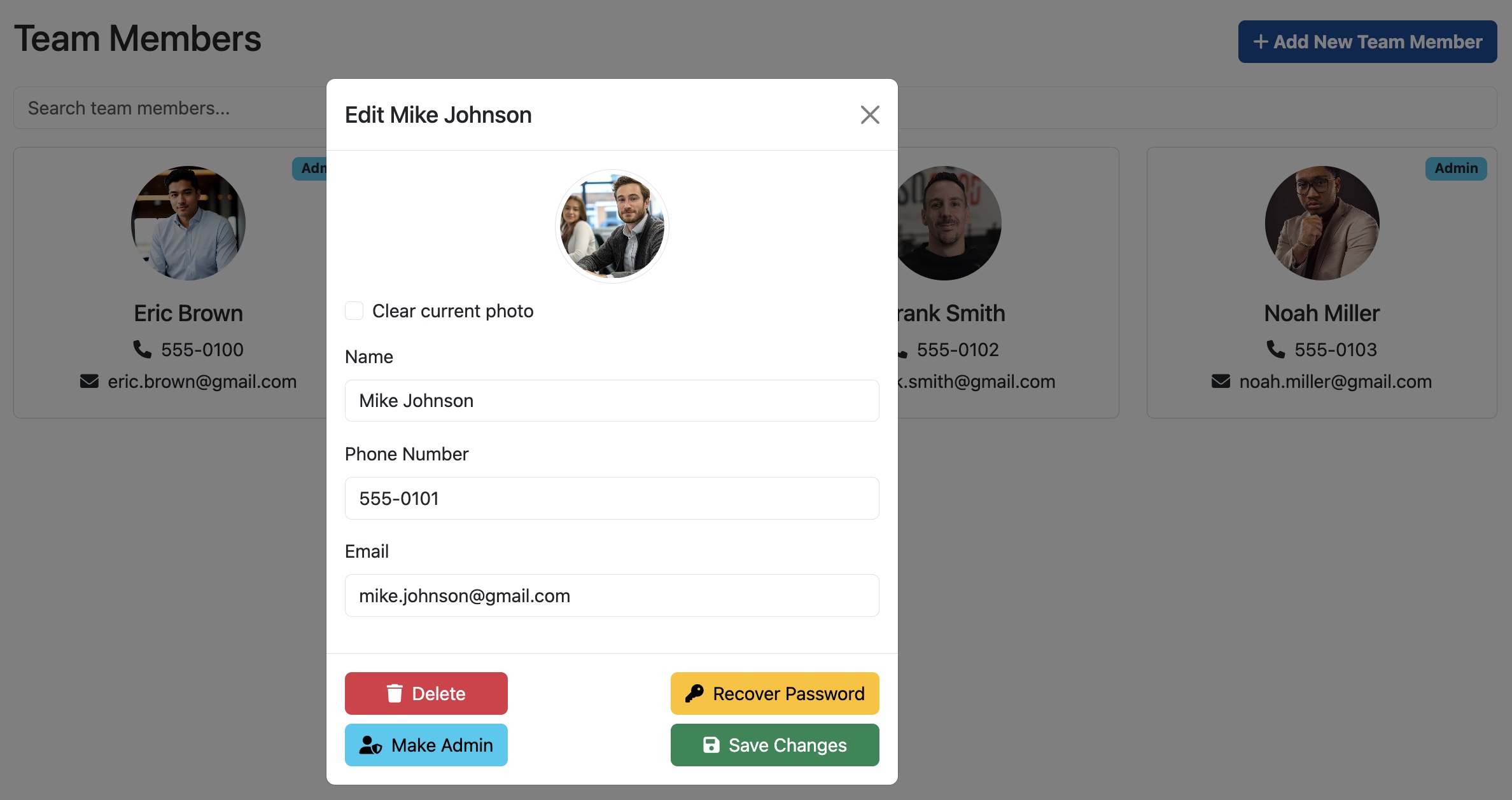 SpeedyToolbox Team Management Software displaying list of team members with roles